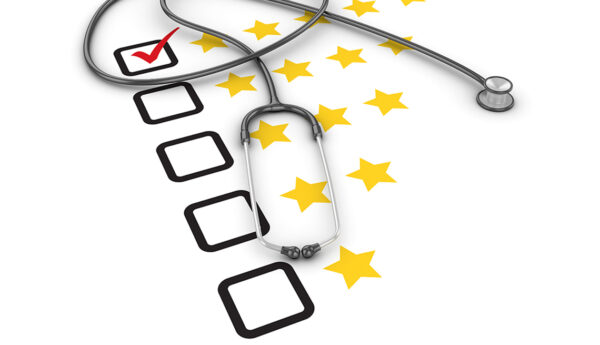 Five Stars Survey Check List with Stethoscope - White Background - 3D Rendering