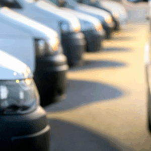 A row of white vans on the left side of the image. On the right side is the back/bottom left side of another white van